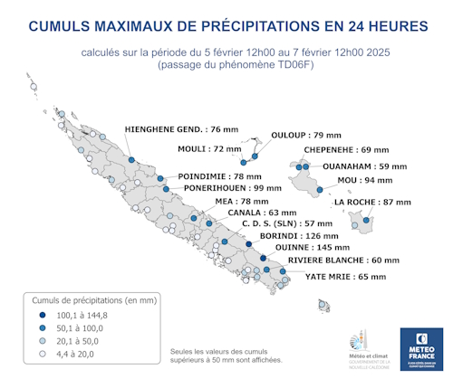 Cumuls maximaux sur 24 heures glissantes calculés entre le 5 février 12h00 et le 7 février 12h00 2025.